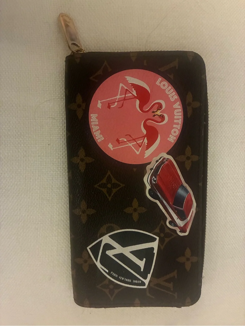 Louis Vuitton Brown Monogram Zip Wallet with Pink Flamingo Graphics